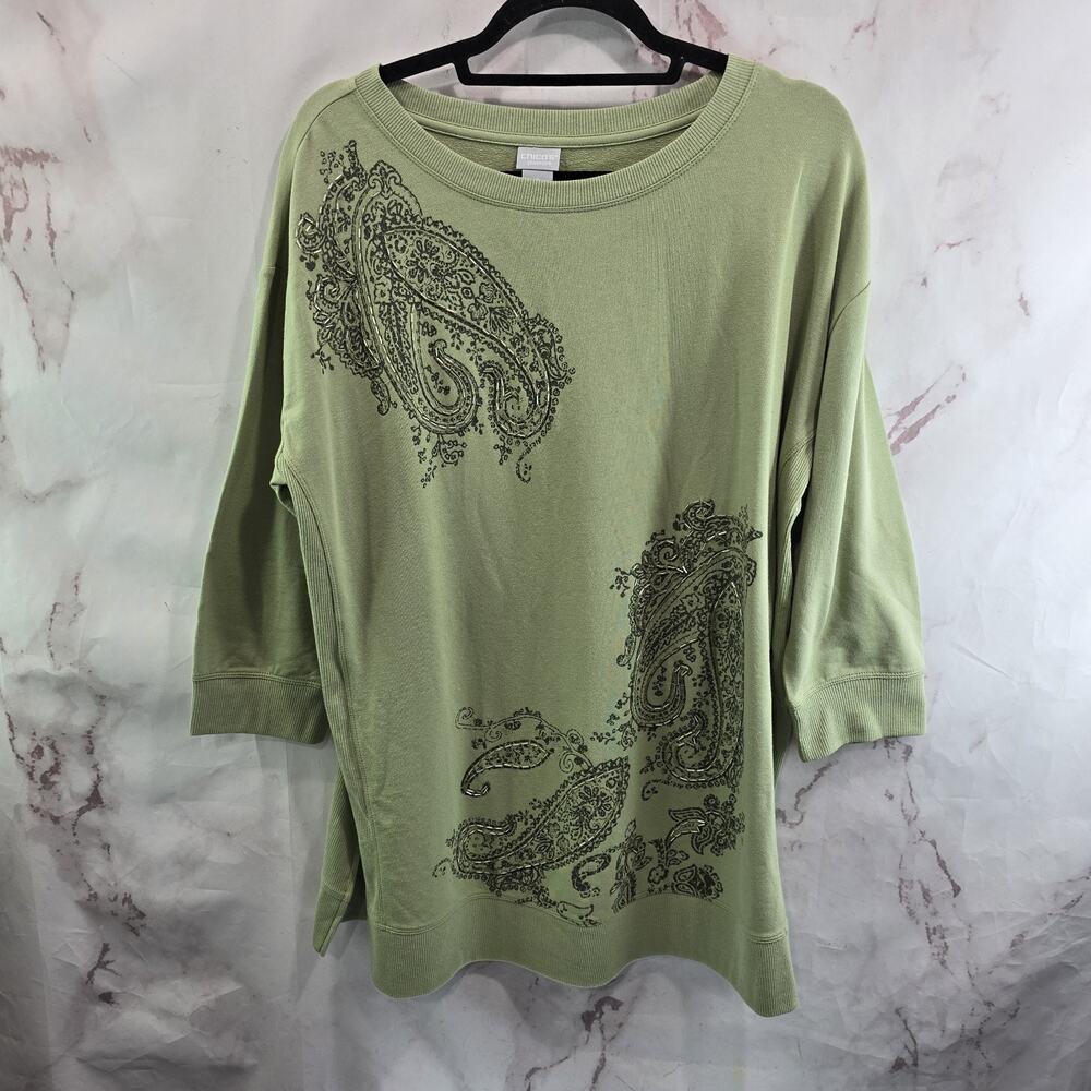 Chicos Shirt Womens Large 2 Light Green Beaded Paisley Tee T Long Sleeve Cotton